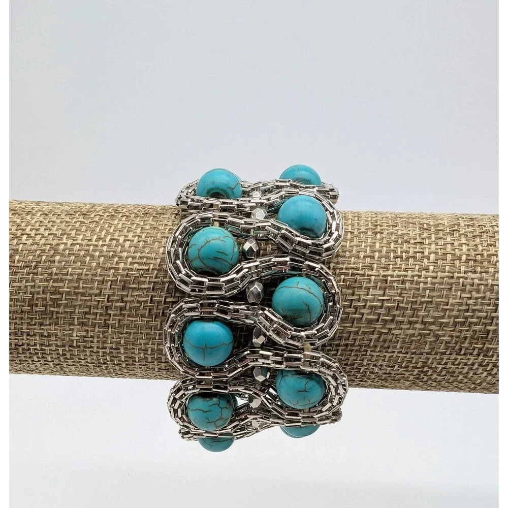 Faux Turquoise Bead Silver Tone Stretch Metal Bracelet Boho